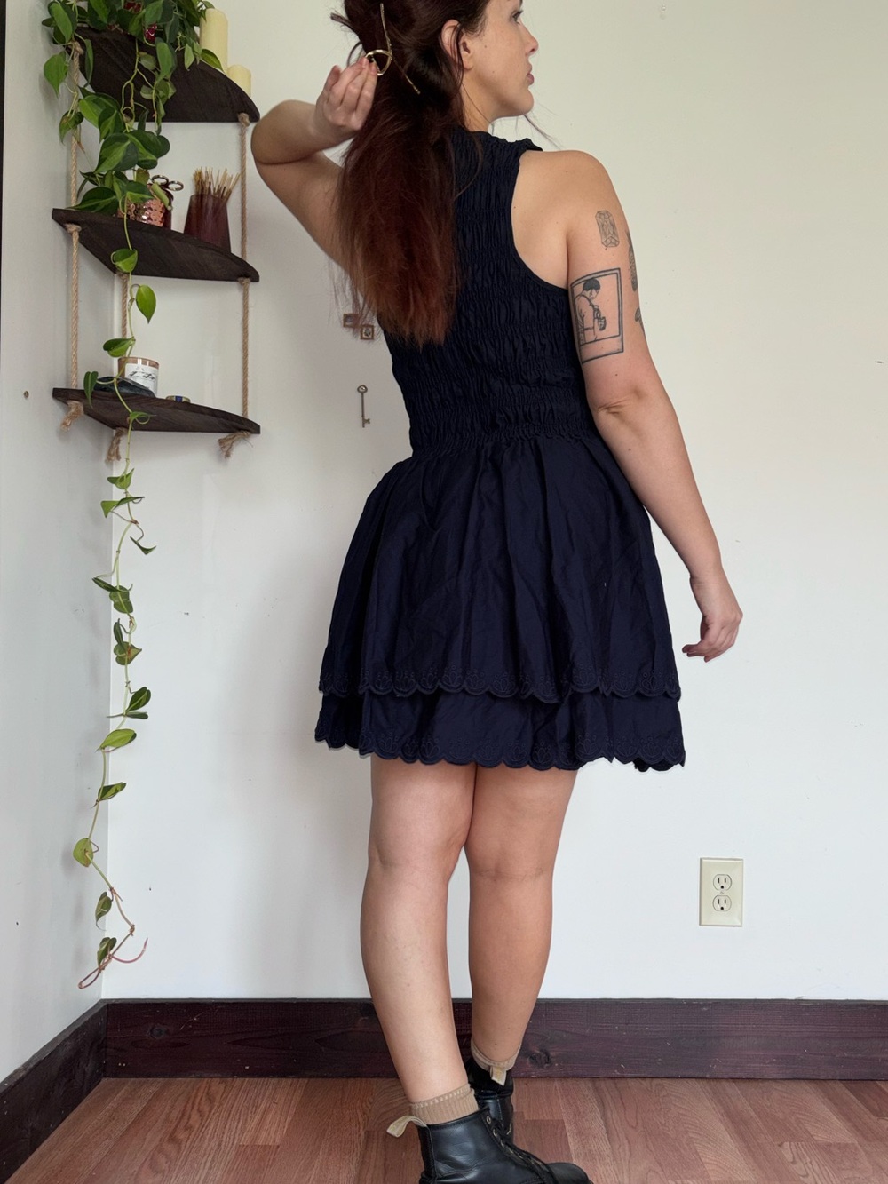 NWT Smocked Tiered Navy Blue Babydoll Sleeveless Dress Scalloped Hem - Picture 3 of 7